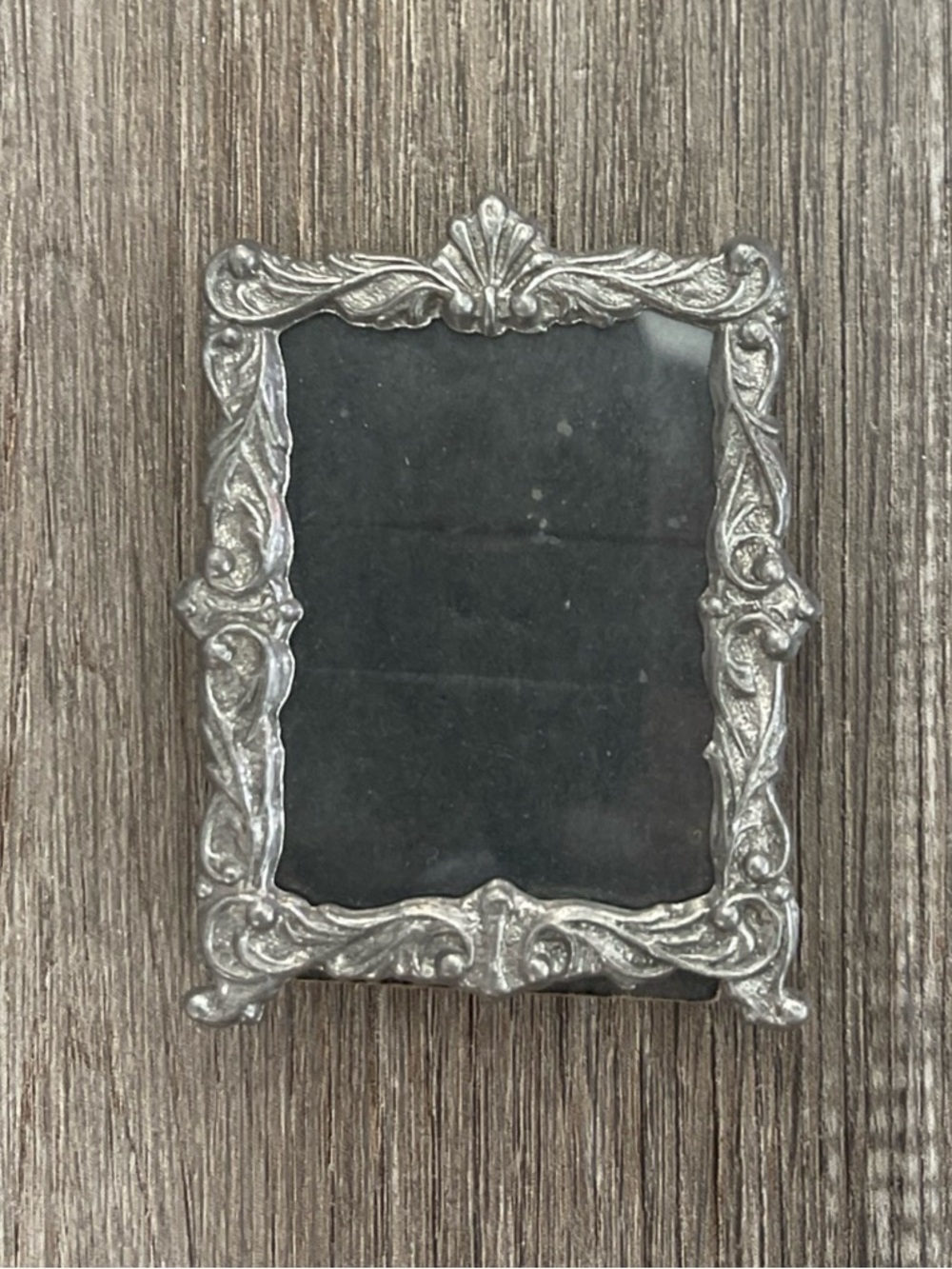 Antique Metal Pewter Finish 1.75 X 2 Picture Frame Ornate Vintage Silver Tone